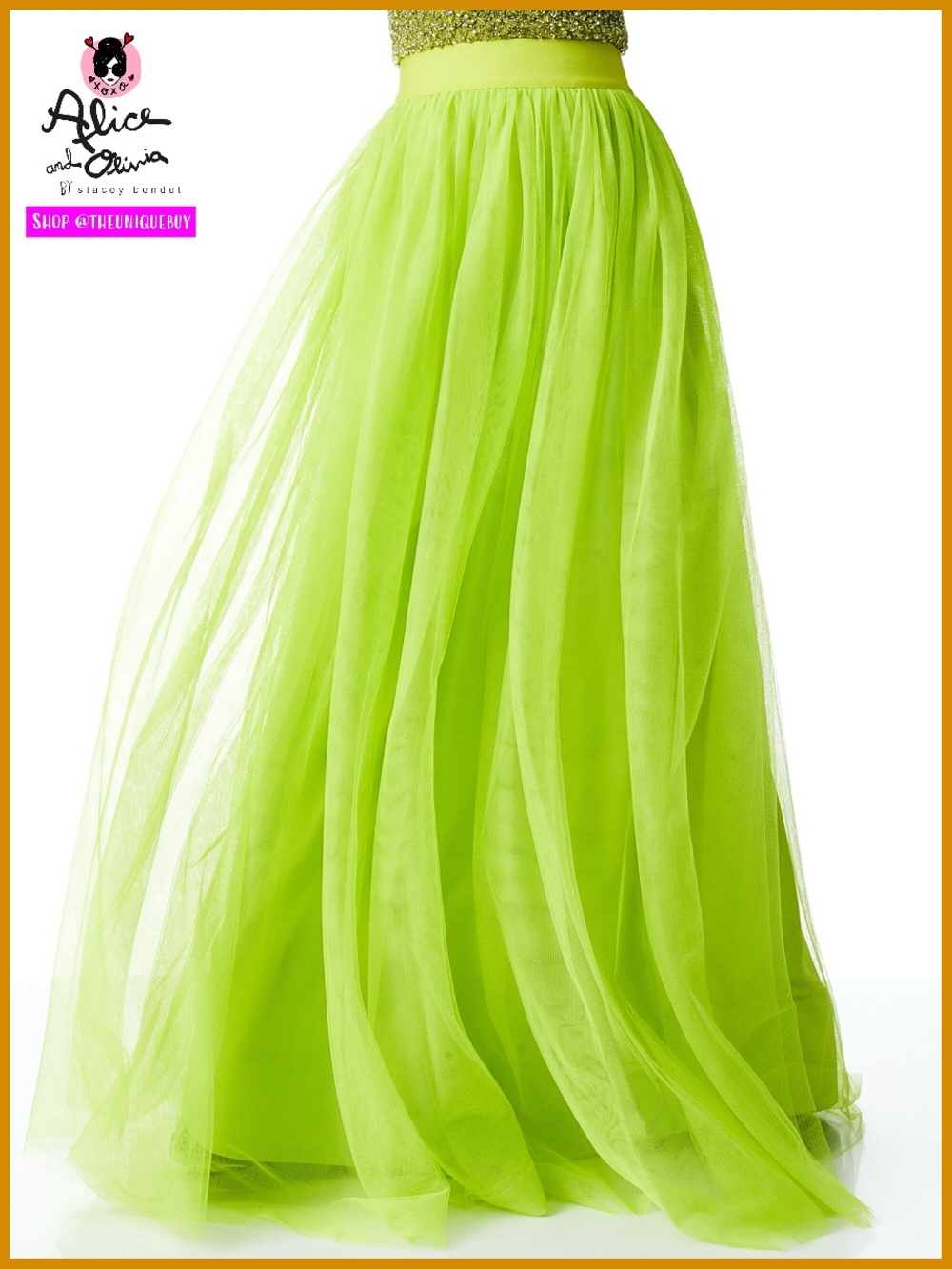 Alice + Olivia Catrina Tulle Lime Punch Green Maxi Gown Skirt
